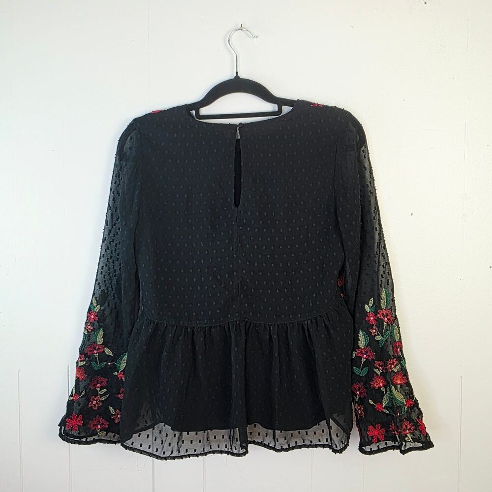 American Eagle Outfitters Blouse Small Black Floral Embroidered Boho Peplum - Picture 3 of 12